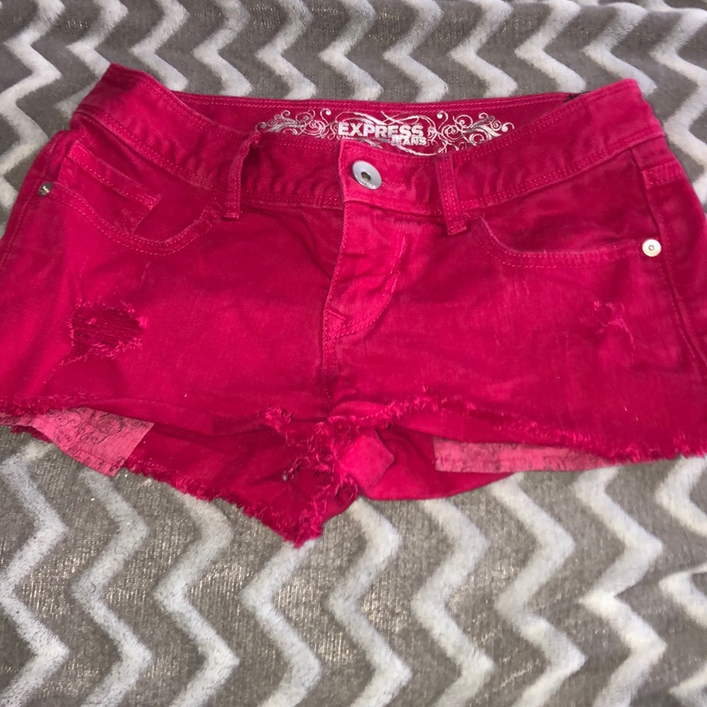 Red Jean Fringed Shorts